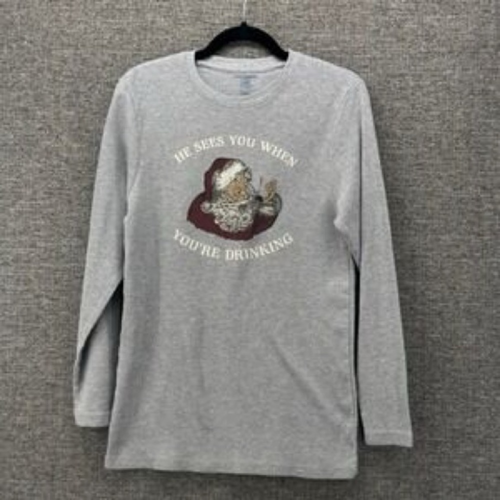 Lucky Brand Men’s Gray Long Sleeve Santa Graphic Tee